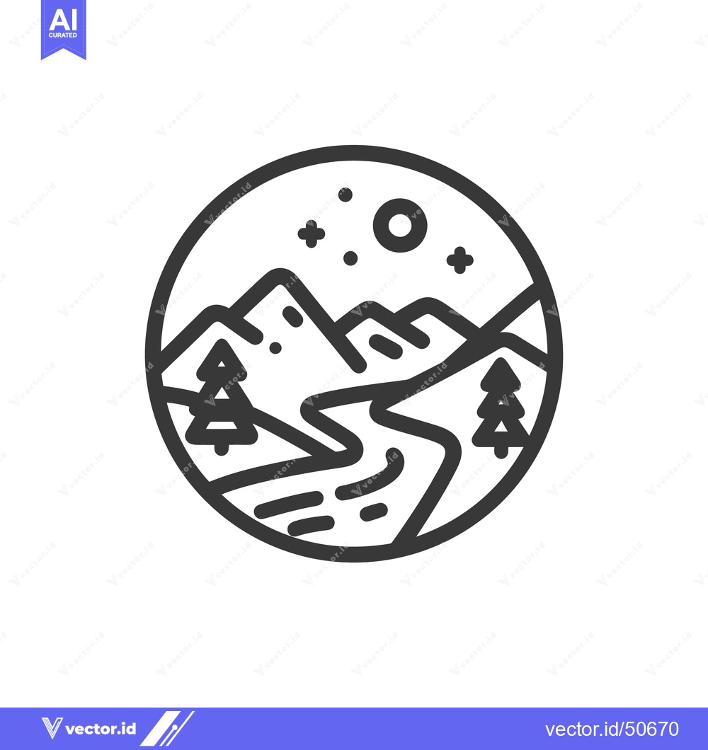 Premium Vector of Minimalist Mountain Landscape Icon with River, Trees, and Night Sky