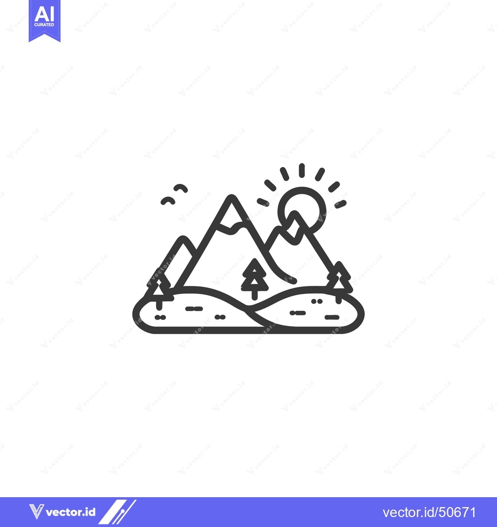 Premium Vector of Minimalist Mountain Landscape Line Art with Sun and Trees Icon