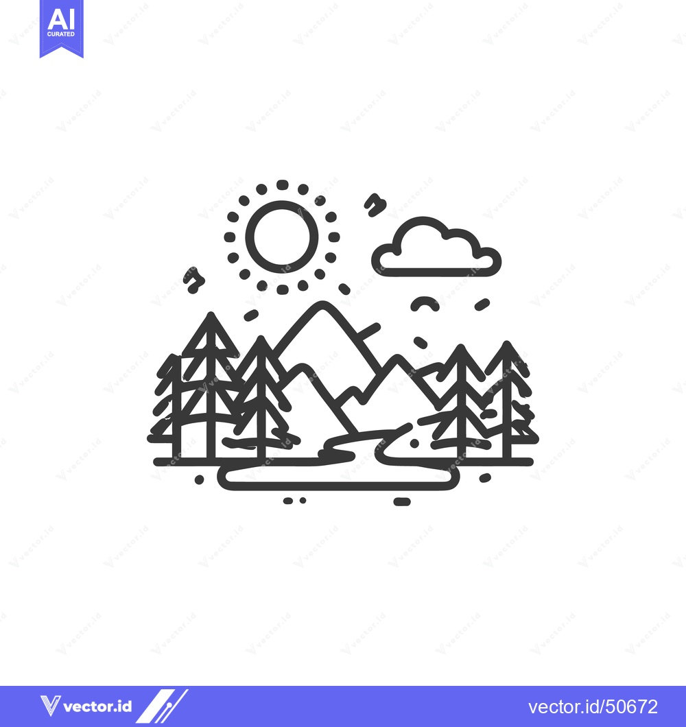 Premium Vector dari Minimalist Mountain Landscape: Pine Trees, River, Sun, and Cloud Icon
