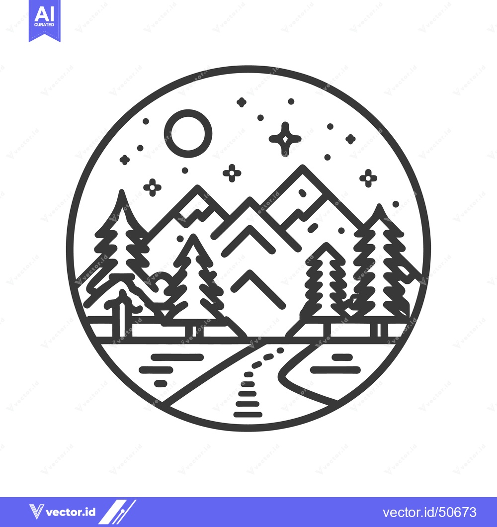 Premium Vector of Minimalist Mountain Landscape with Moon, Stars, and Pine Trees in Circ