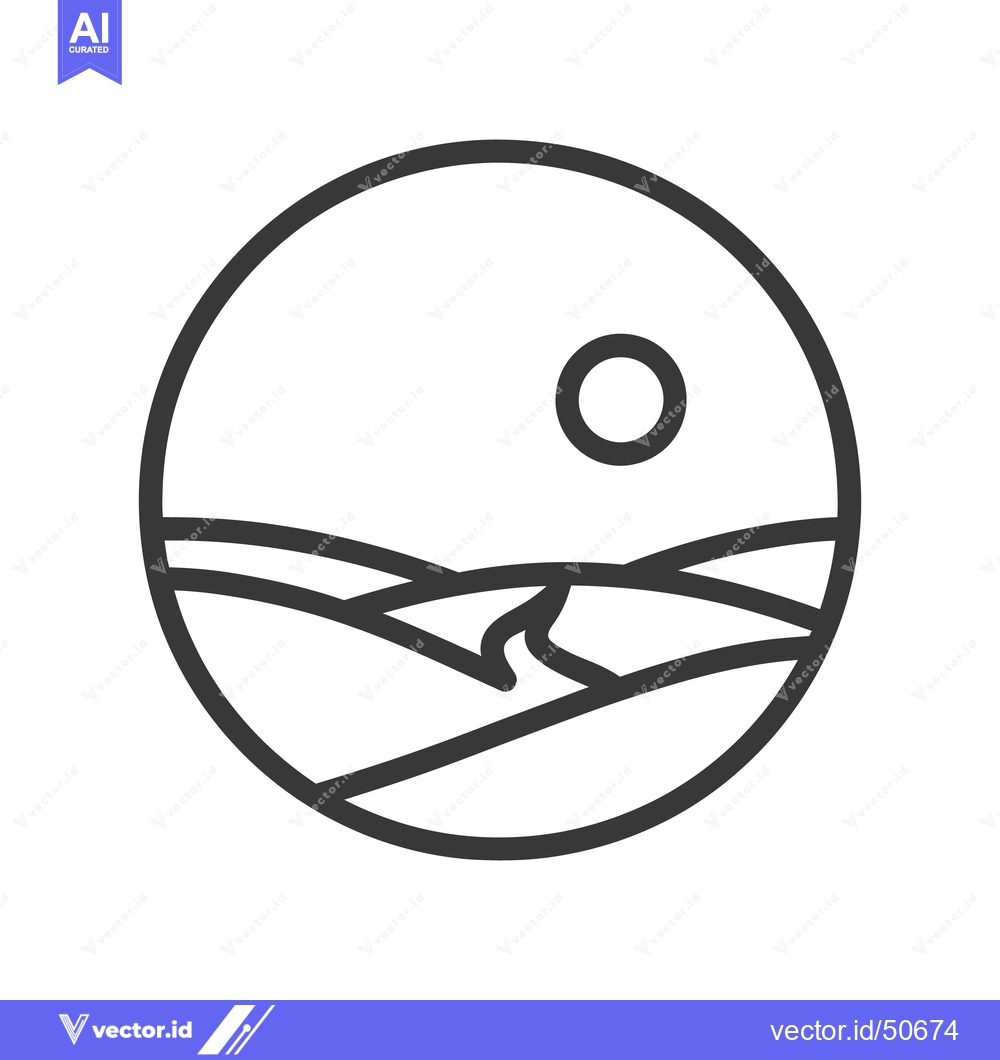 Premium Vector dari Minimalist Landscape Icon: Rolling Hills, River, and Sun in Circle