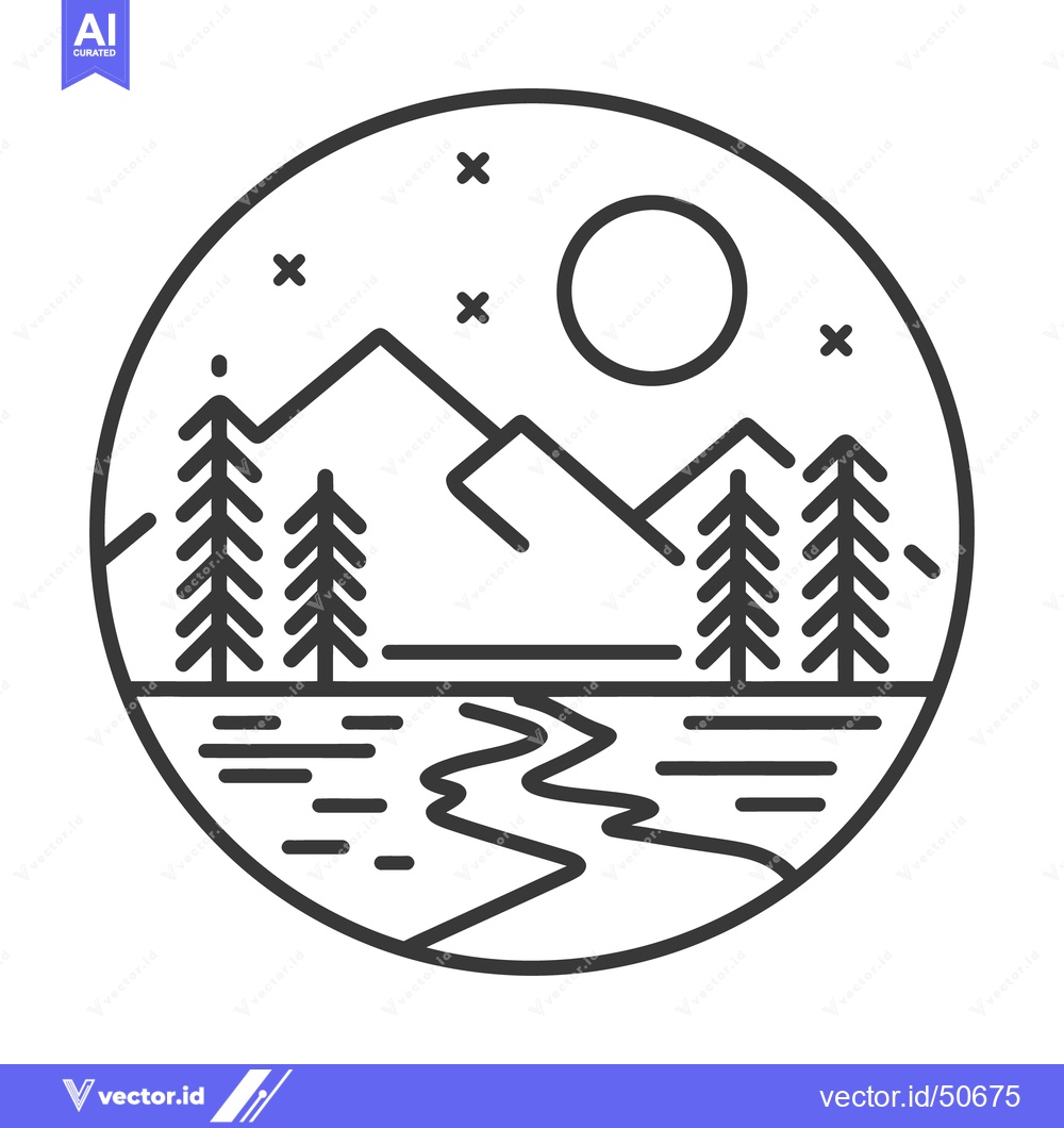 Premium Vector of Minimalist Mountain Landscape with River and Pine Trees in Circle Fram