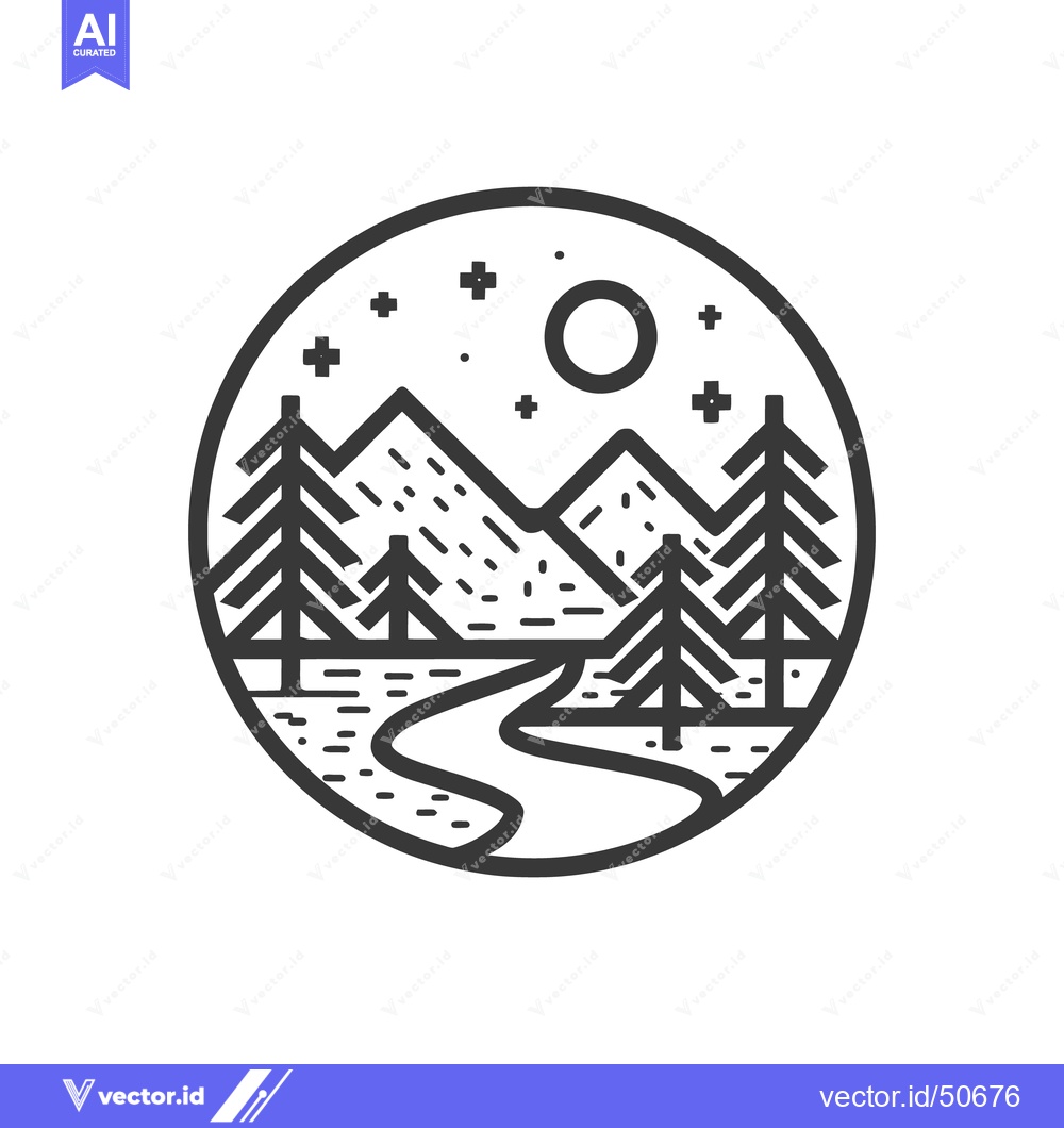 Premium Vector dari Minimalist Mountain Landscape with River, Trees, and Starry Night in C