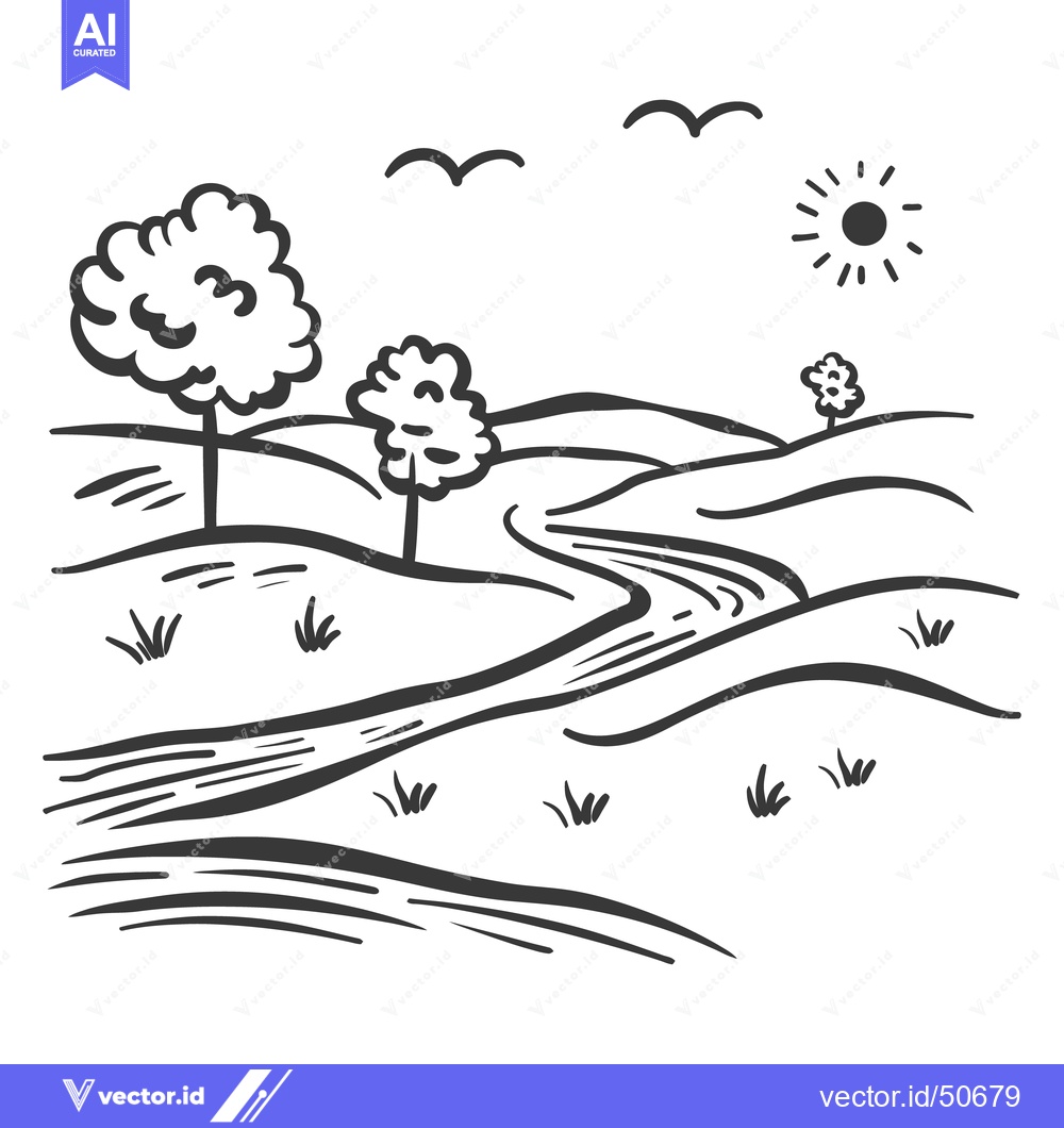 Premium Vector of Hand drawn black and white scenic landscape with river and trees