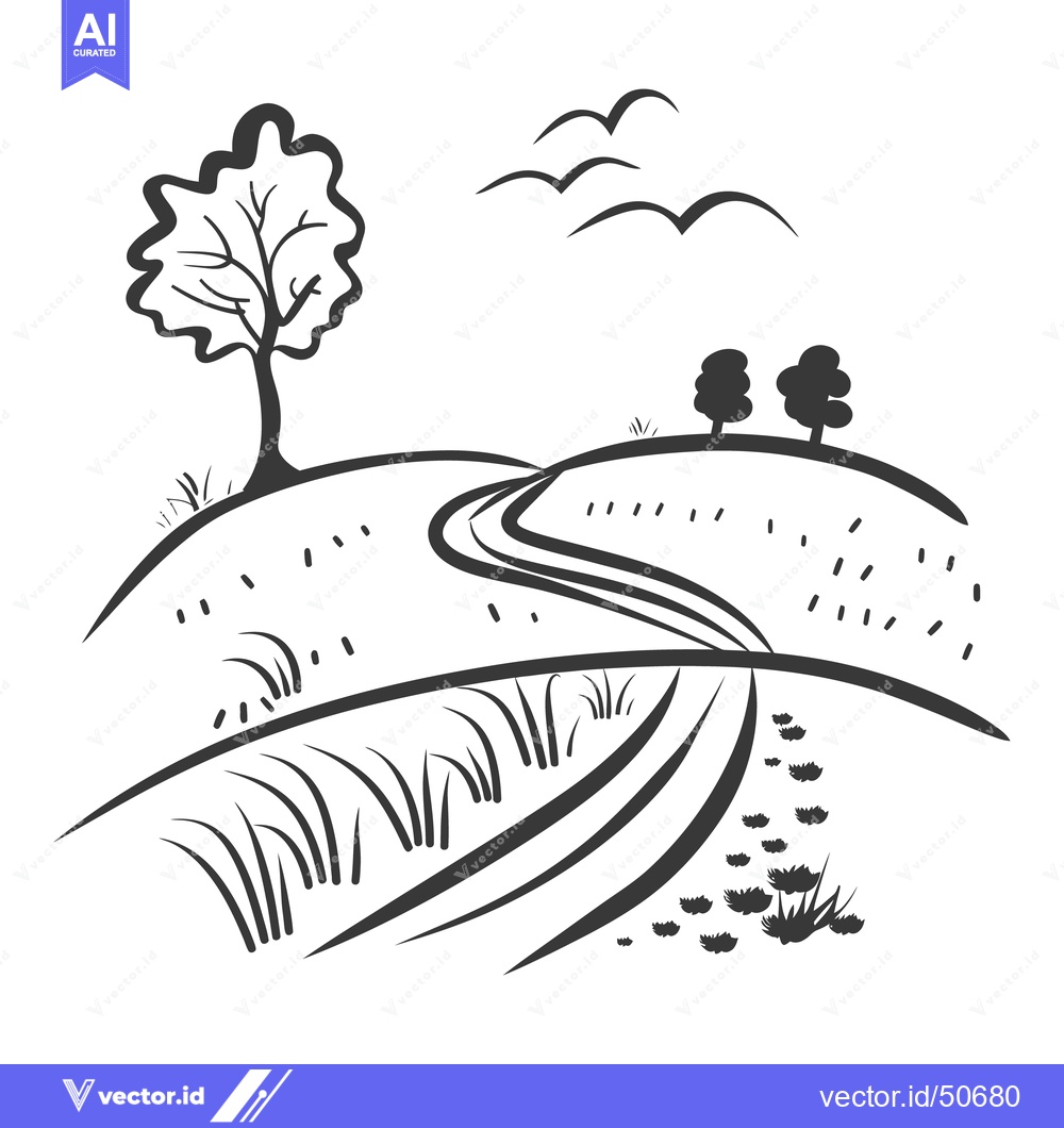 Premium Vector dari A scenic drawing of a rural landscape featuring trees and a road