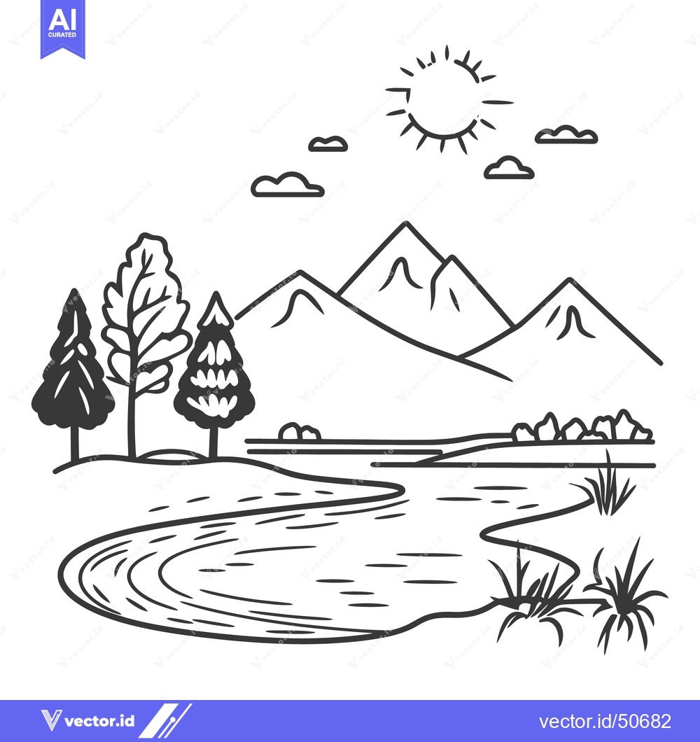 Premium Vector dari A simple black and white drawing of scenic outdoor landscape