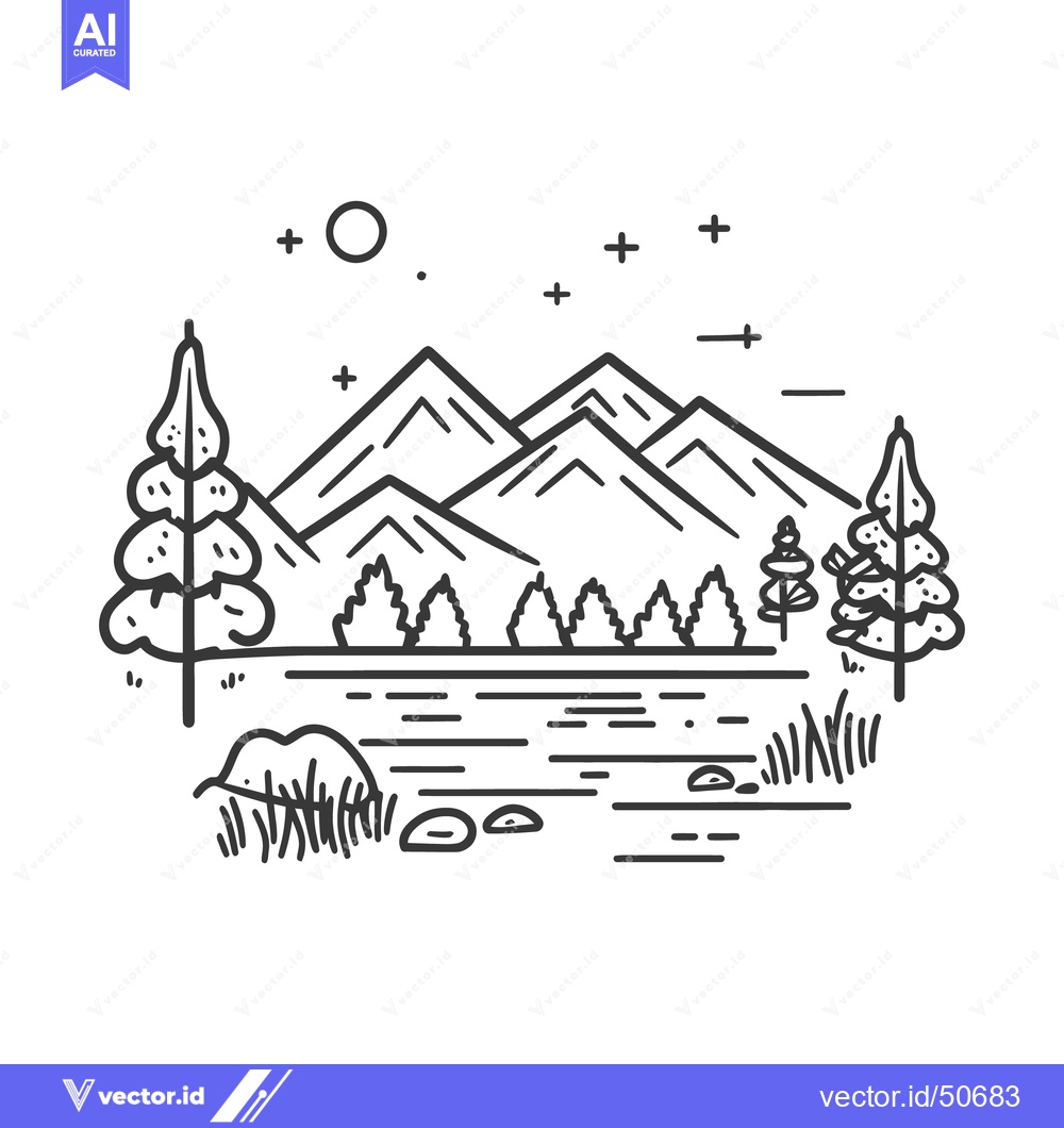 Premium Vector dari An illustration depicting a lake scene with mountains and trees