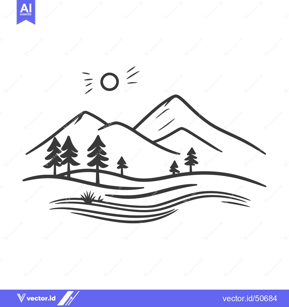 Premium Vector dari Simple hand drawn landscape illustration of mountains and pine trees