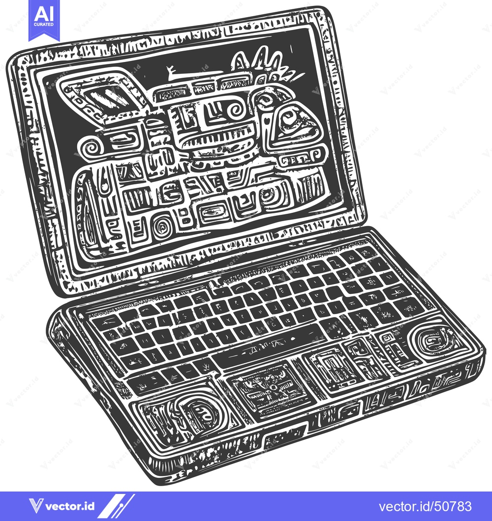 Premium Vector dari Laptop with a Stylized Aztec-Inspired Design on the Screen
