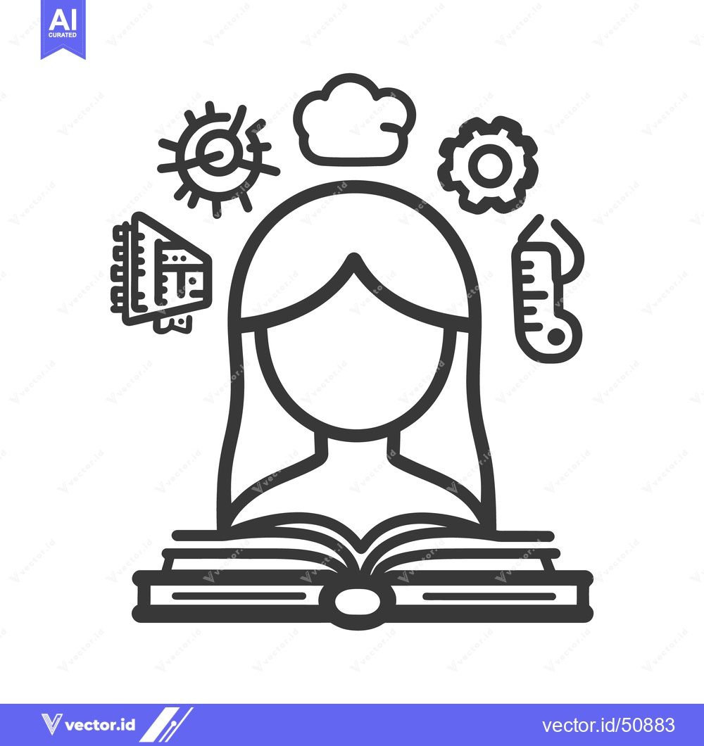 Premium Vector dari A female figure reading a book with various symbolic elements