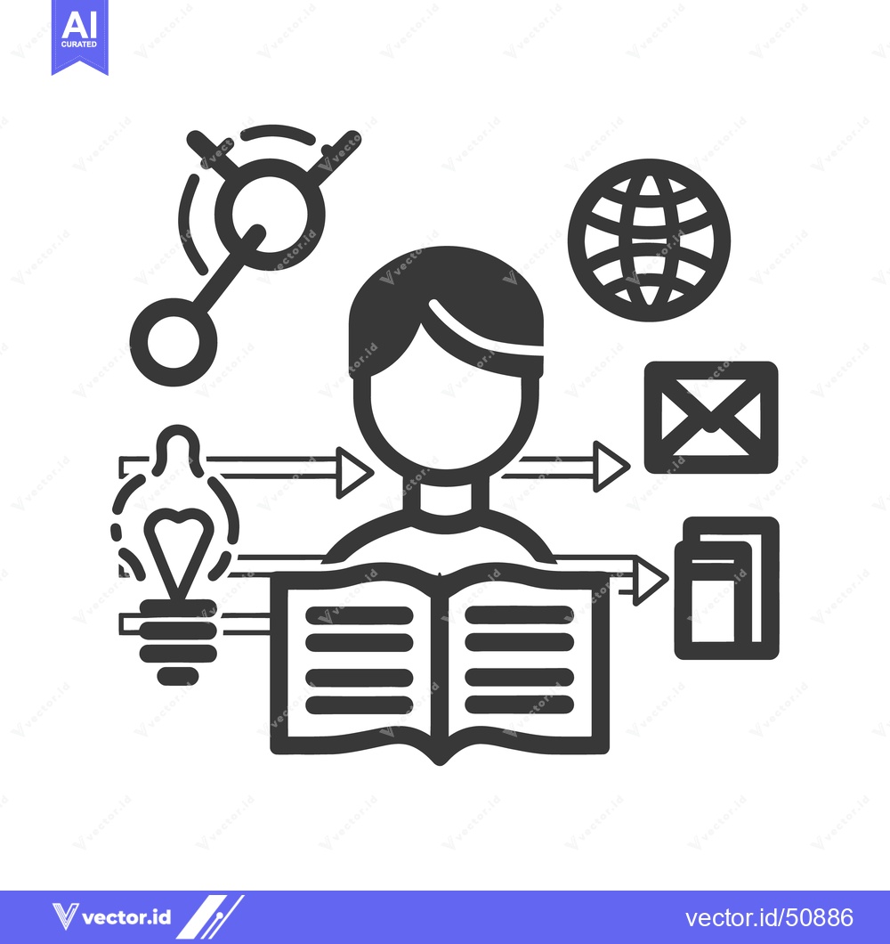 Premium Vector of A person reading with surrounding symbols of ideas and information