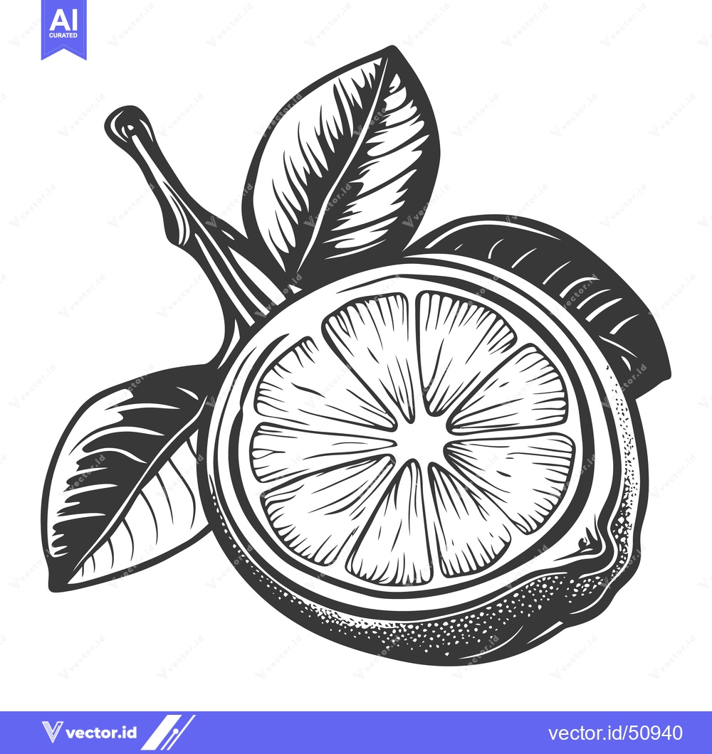 Premium Vector of A detailed illustration depicts a halved citrus fruit with leaves