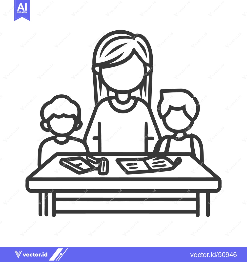 Premium Vector dari A teacher helps two students at a desk with school supplies