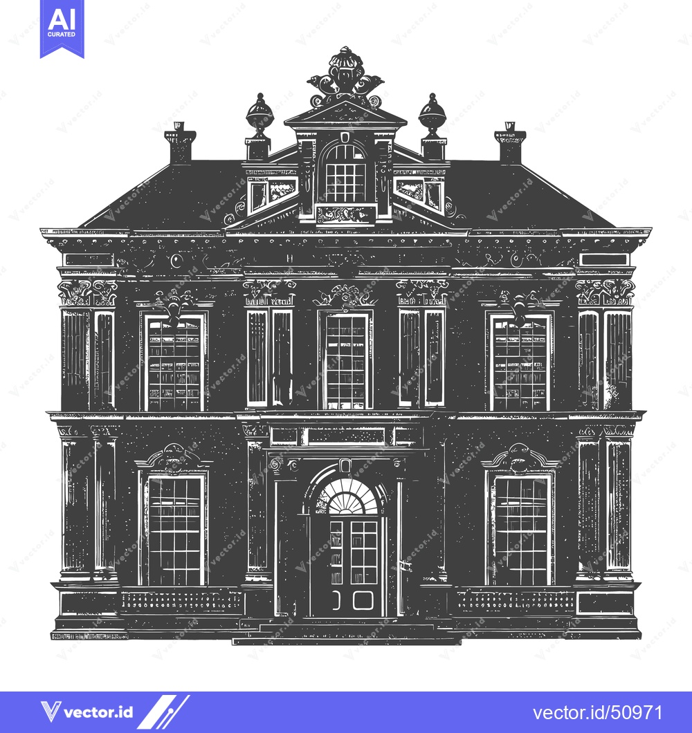 Premium Vector dari A detailed illustration depicting the front facade of a large building