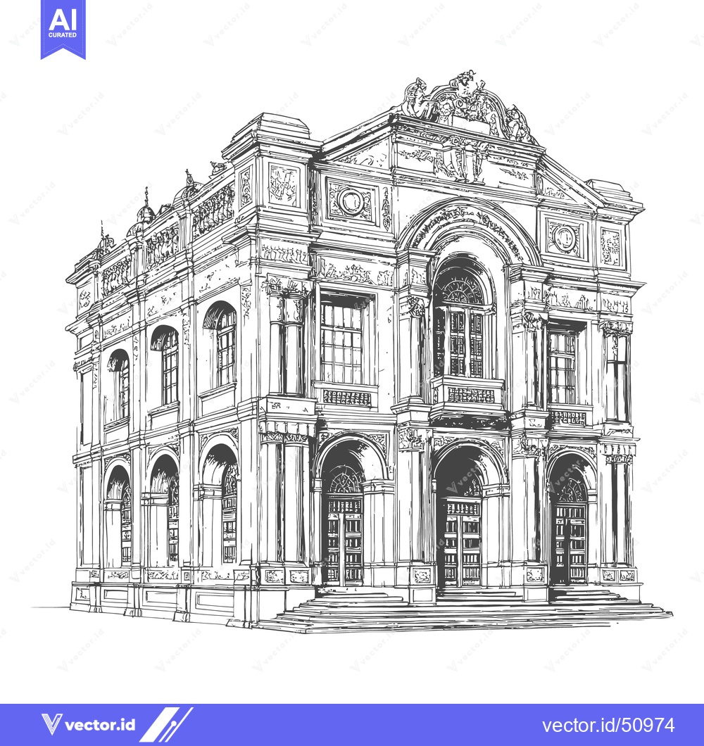 Premium Vector dari A detailed line drawing depicting a grand architectural building facad