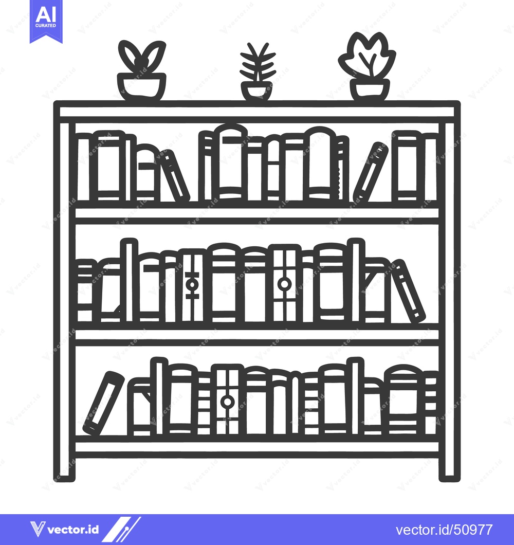 Premium Vector dari A simple outlined depiction of a bookcase with books and plants
