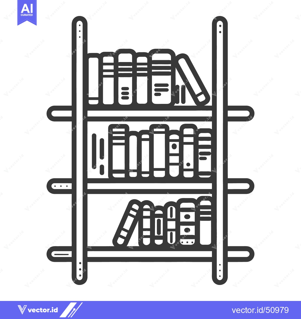 Premium Vector of A black and white illustration showing a wooden bookshelf with books
