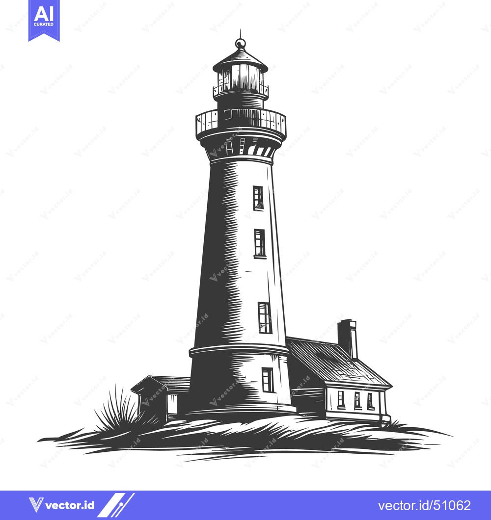 Premium Vector of A tall lighthouse and adjacent building drawn in monochrome style