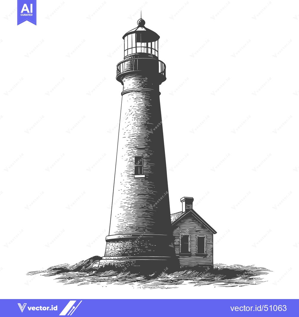 Premium Vector of A tall lighthouse and small building stand on a grassy shore