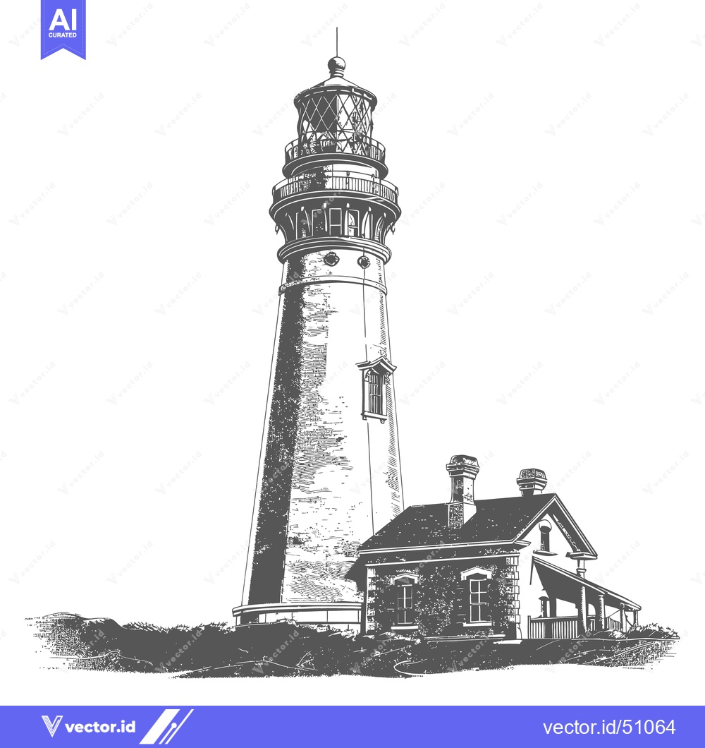Premium Vector of A tall coastal lighthouse next to its accompanying small building