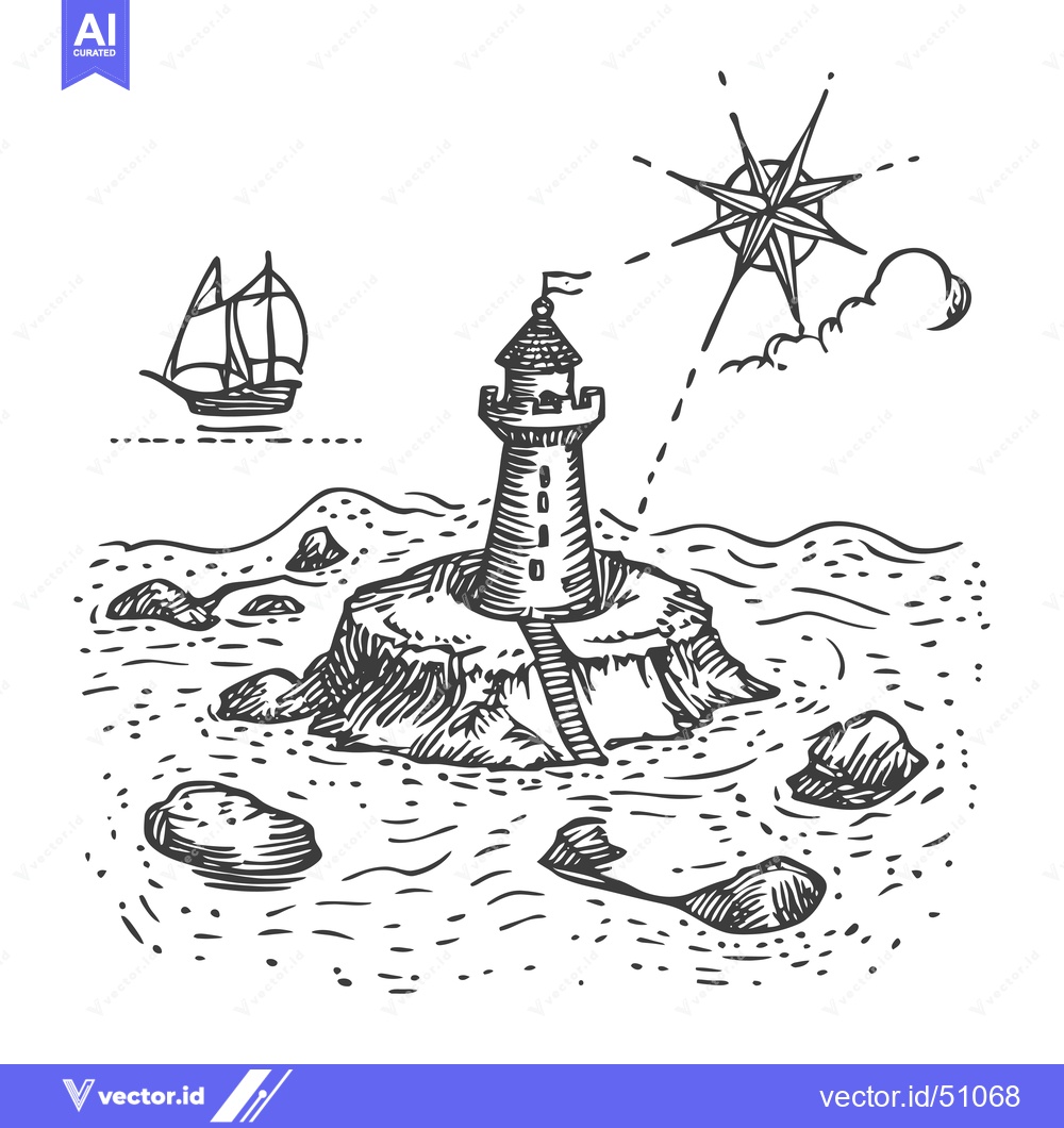 Premium Vector dari Lighthouse on a Rocky Island with a Sailboat and a Compass Star