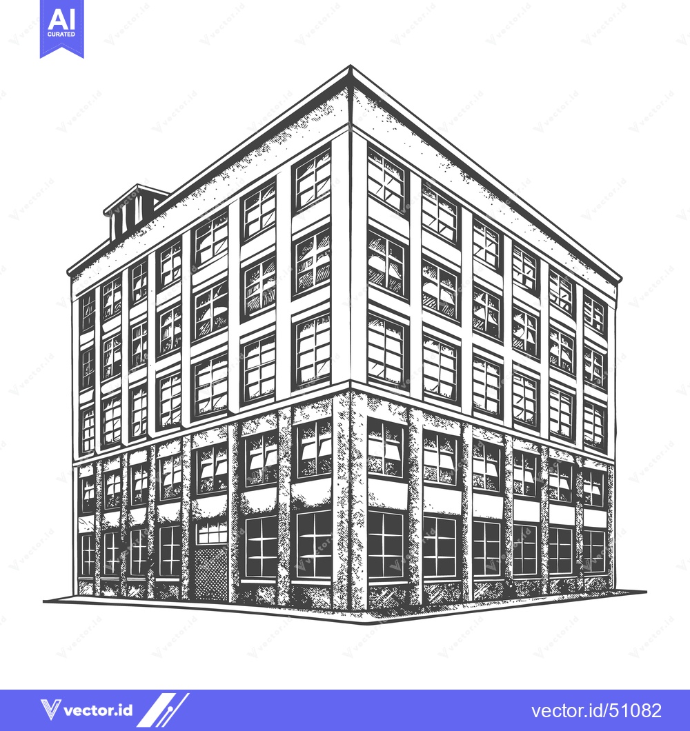 Premium Vector dari A black and white illustration of a tall corner building