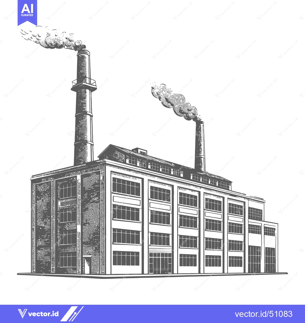Premium Vector dari A detailed monochrome illustration of a large industrial building with
