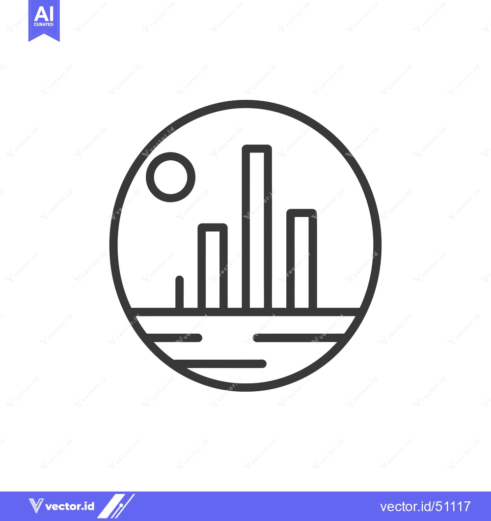 Premium Vector of Line Art Cityscape with Sun and Water