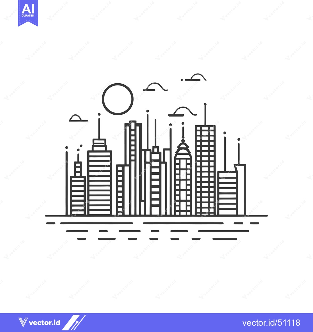 Premium Vector of Line Art City Skyline with Sun and Clouds