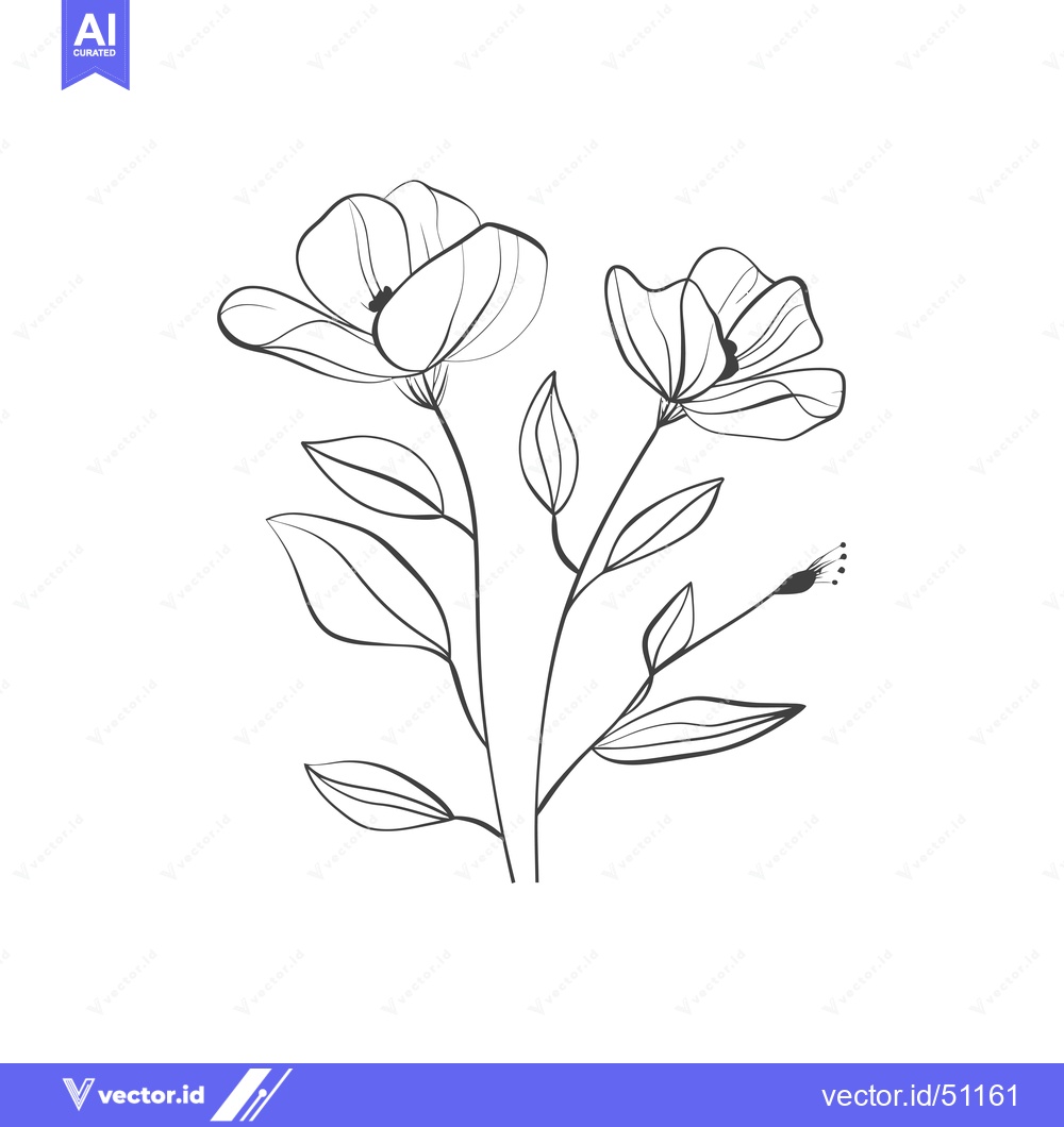 Premium Vector dari Line Art Drawing of Two Flowers with Leaves and a Bud