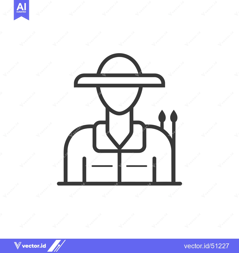 Premium Vector dari Line art icon of a person wearing a hat and holding paintbrushes