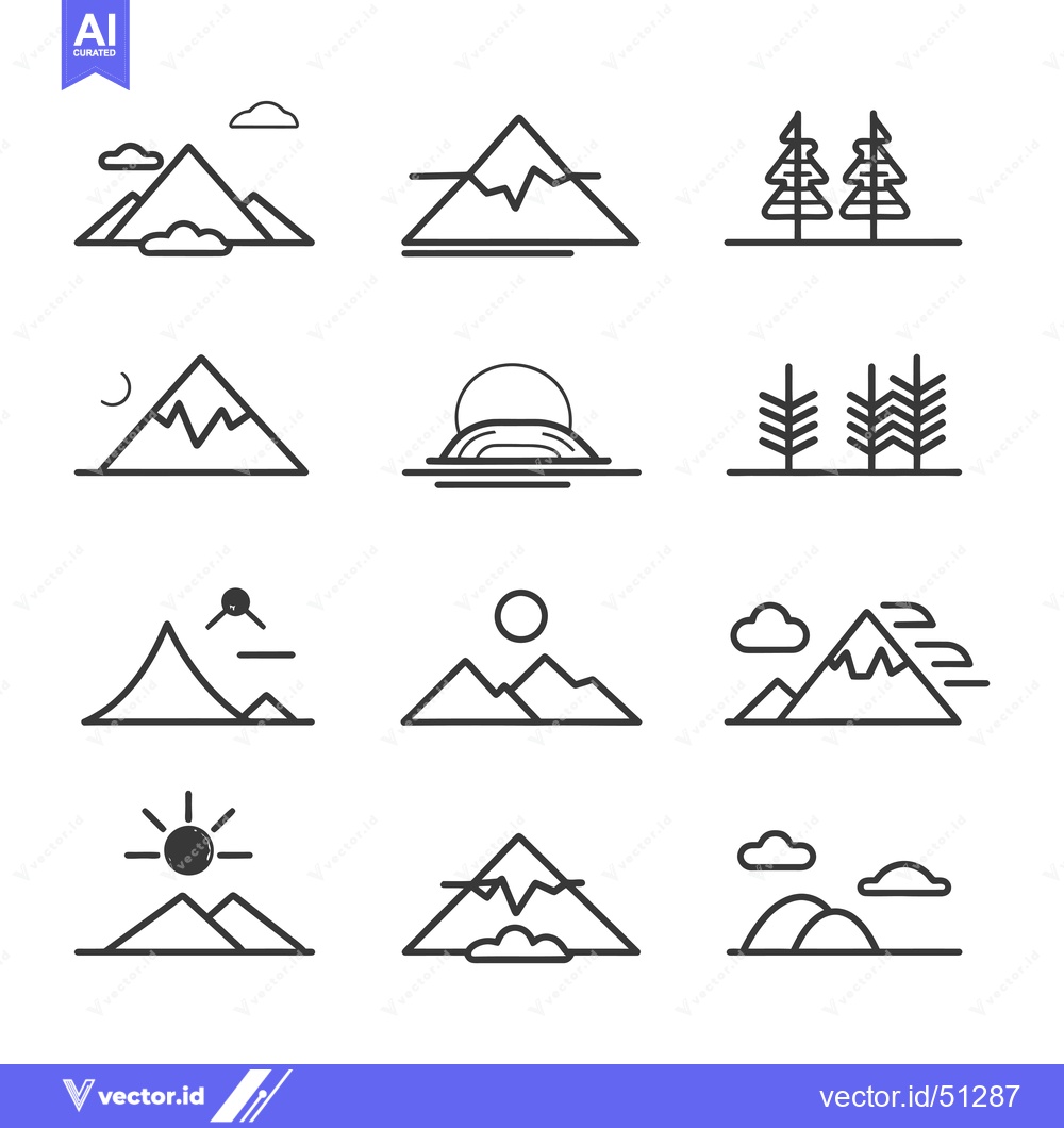 Premium Vector dari Line Art Icons Depicting Mountains, Trees, and the Sun