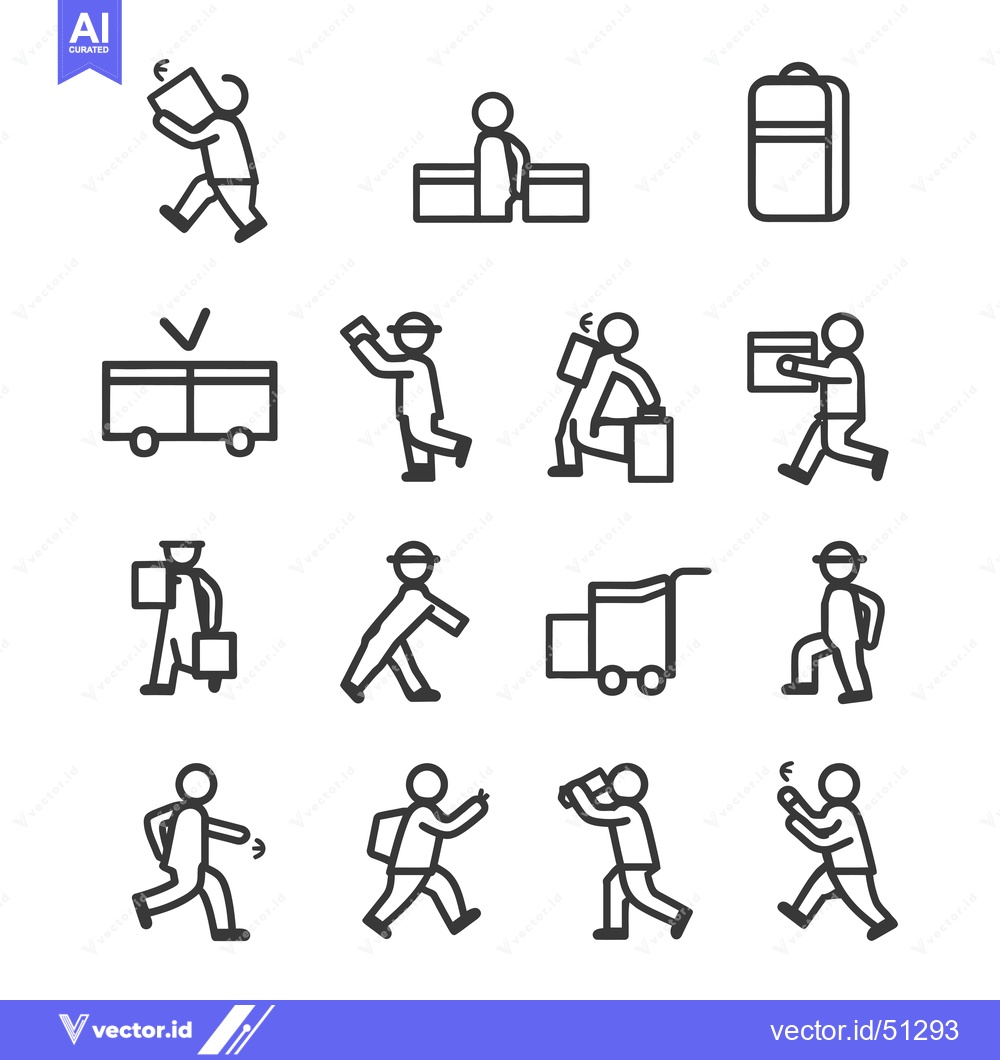 Premium Vector of Line Art Icons Depicting Travelers with Luggage and Other Travel Items