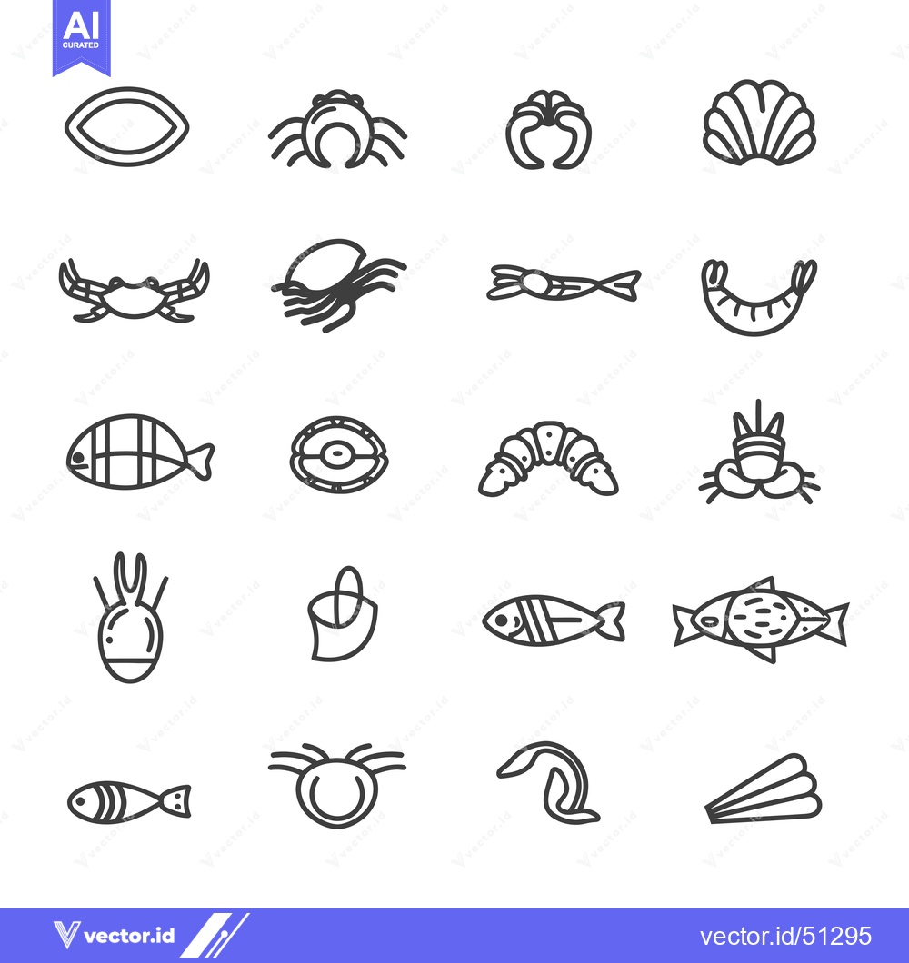 Premium Vector dari Line Art Icons Depicting Various Sea Creatures and Shellfish