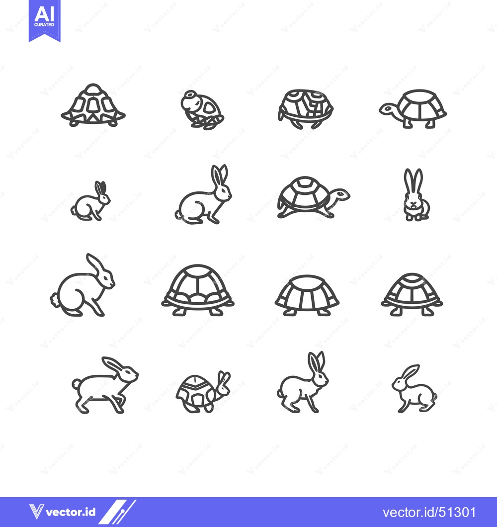 Premium Vector of Line art icons of a turtle and rabbit in various poses
