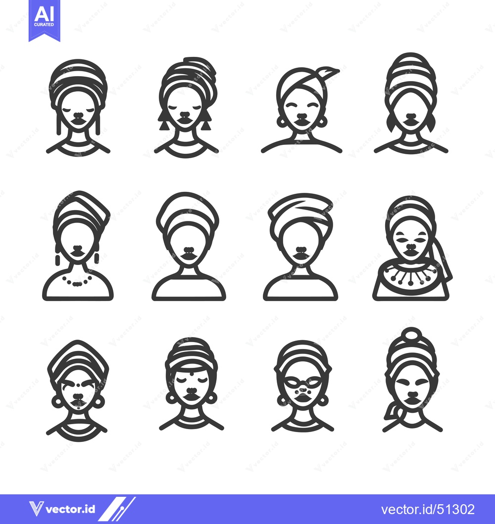 Premium Vector of Line Art Icons of Black Women with Headwraps