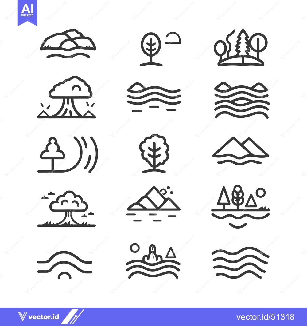 Premium Vector of Line Art Icons of Landscapes with Water, Mountains, Trees, and the Sun