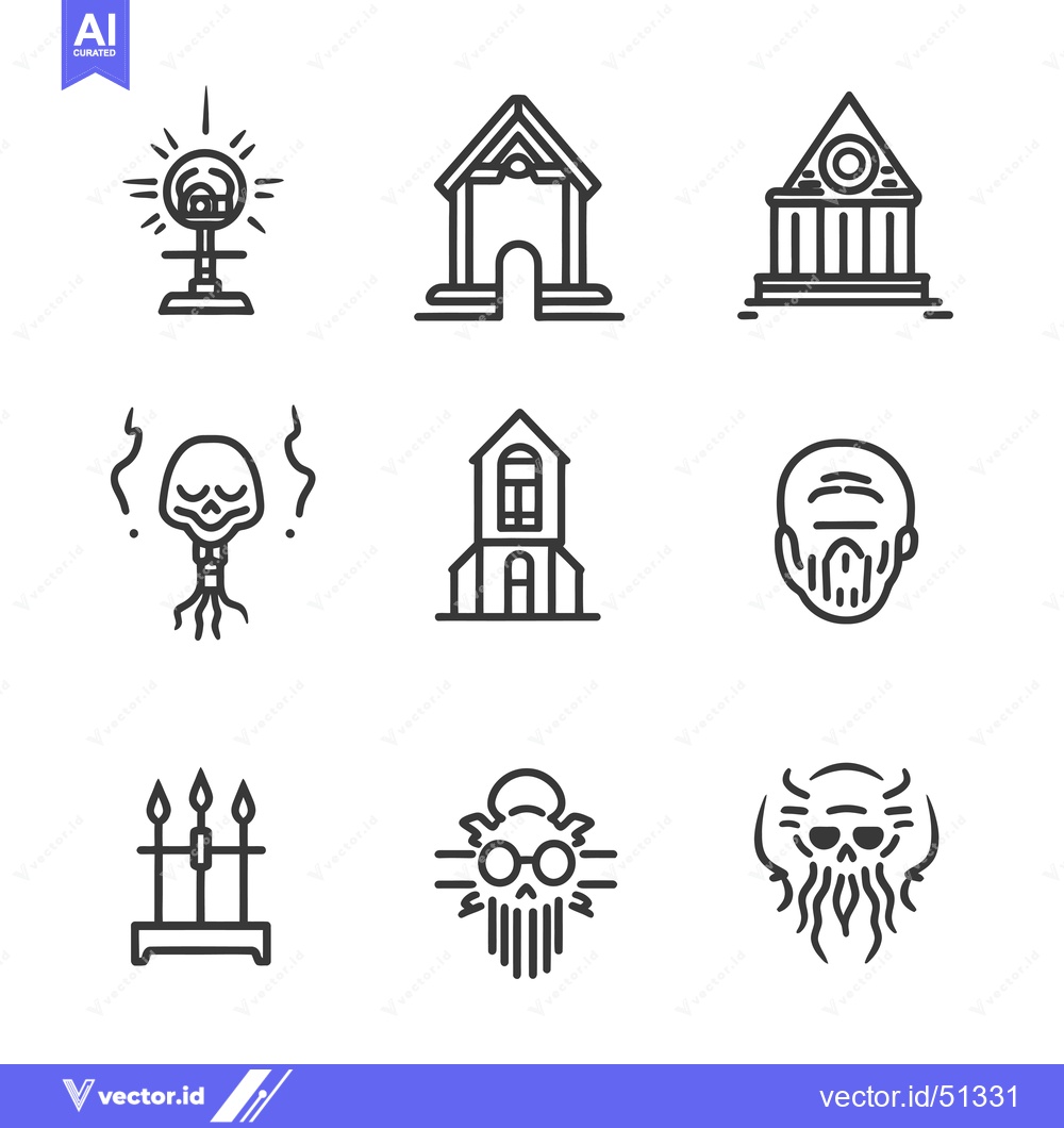 Premium Vector of Line art icons of skulls, buildings, and spooky elements