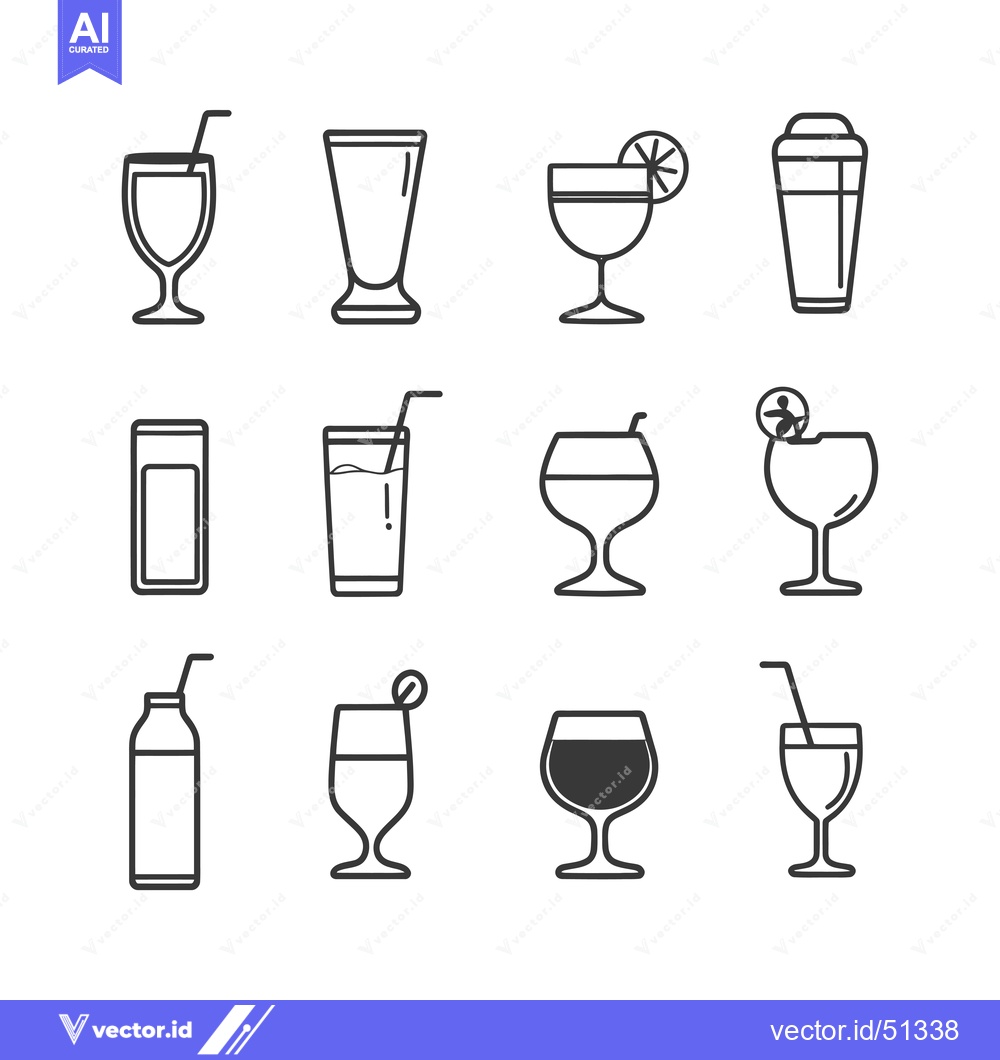 Premium Vector dari Line Art Icons of Various Drinkware with Straws and Garnishes