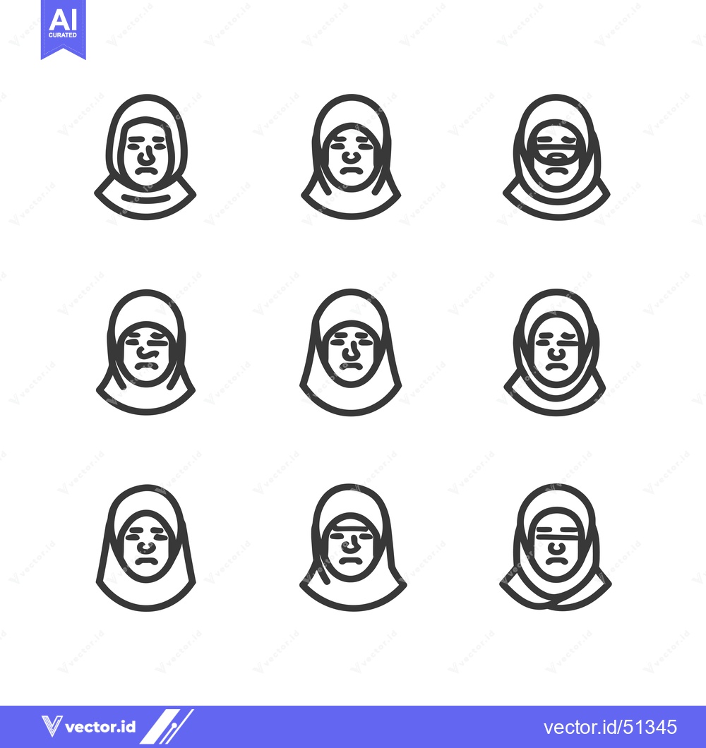 Premium Vector dari Line Art Icons of Women Wearing Hijabs with Different Facial Expressio
