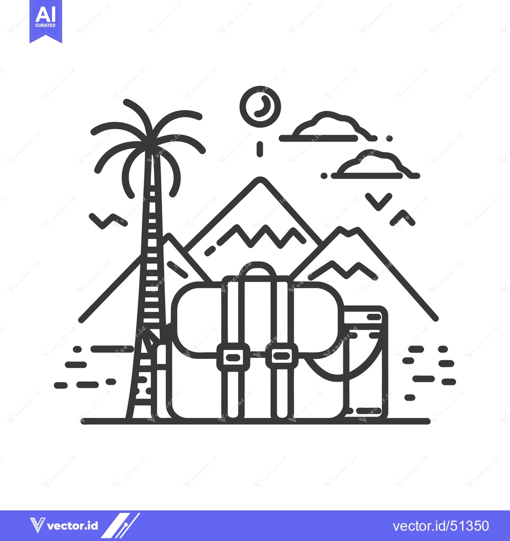 Premium Vector of Line Art Illustration of a Backpack, Mountains, and Palm Tree