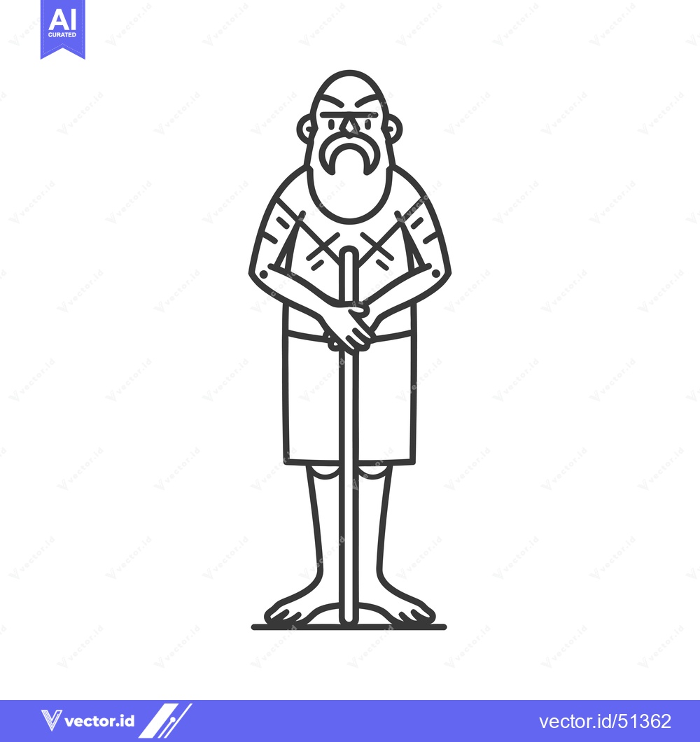 Premium Vector dari Line Art Illustration of a Bald, Bearded Man Holding a Stick