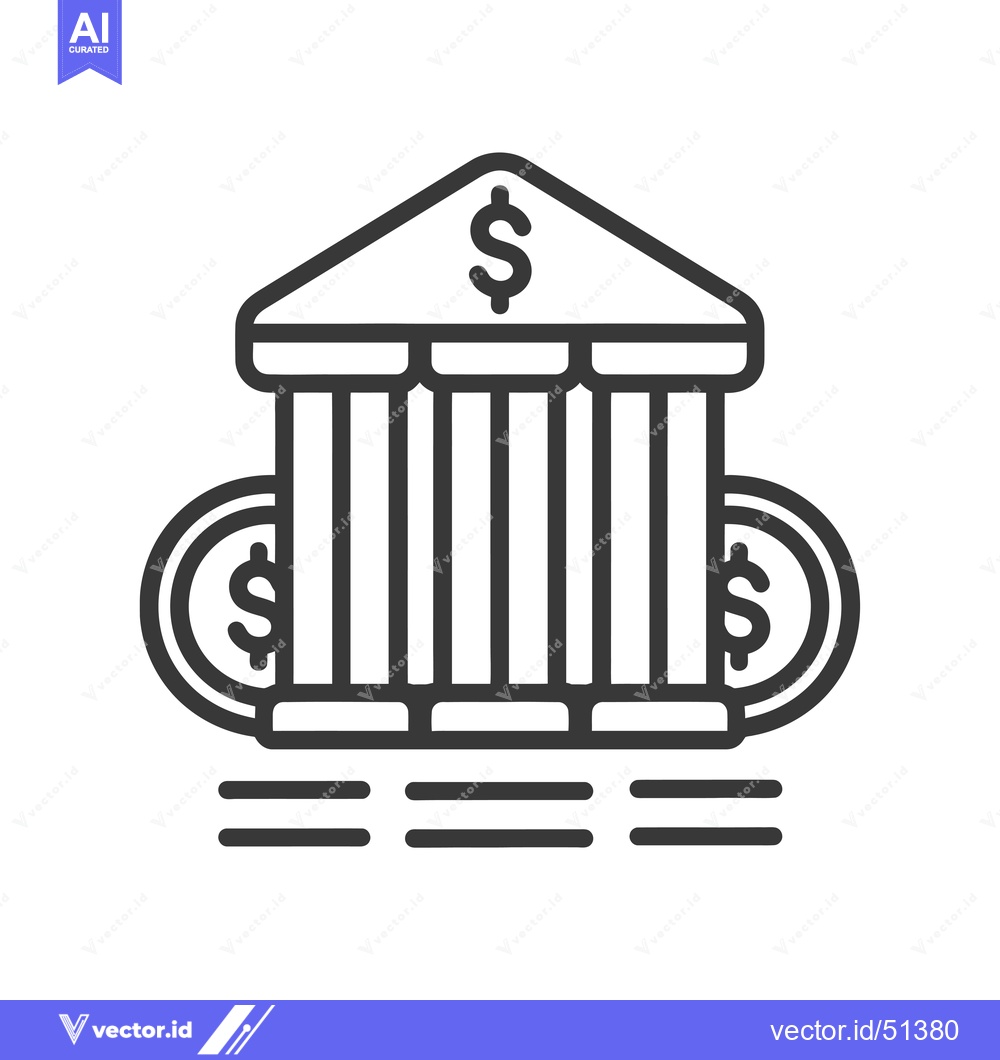Premium Vector of Line art illustration of a bank building with dollar signs
