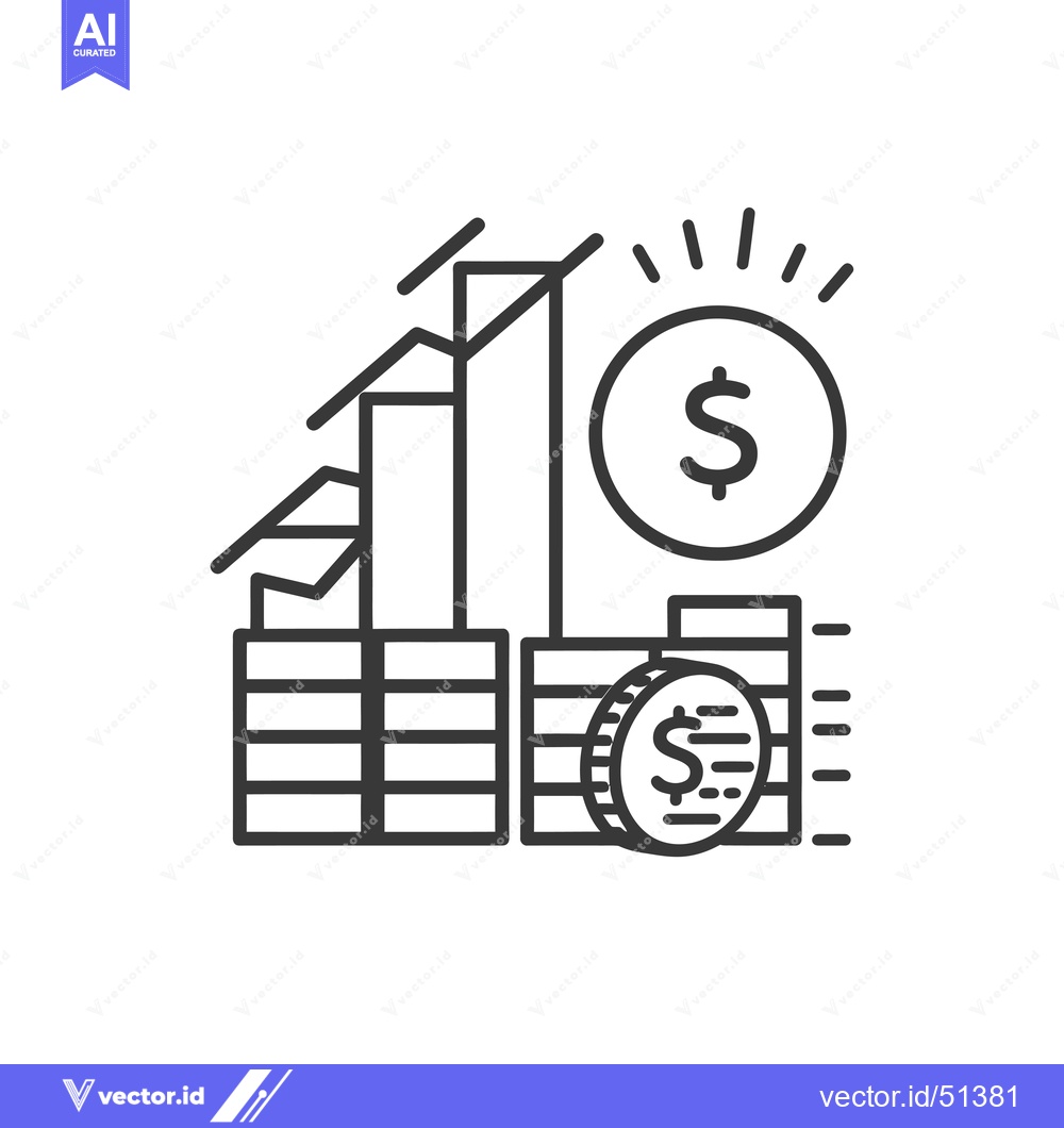 Premium Vector dari Line art illustration of a bar graph increasing with dollar coins repr
