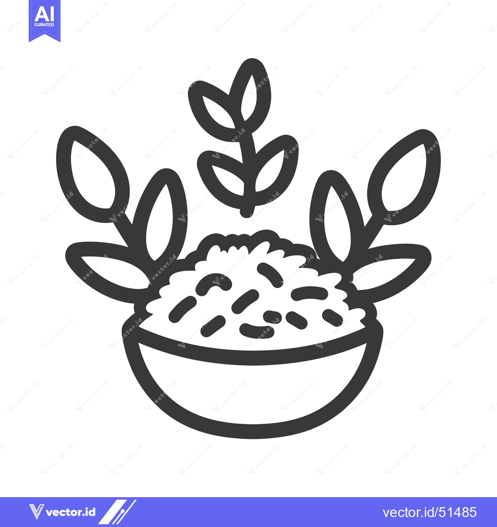 Premium Vector of Line Art Illustration of a Bowl of Rice with Leaves