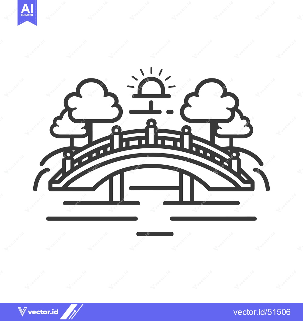 Premium Vector of Line Art Illustration of a Bridge with Trees and a Sun