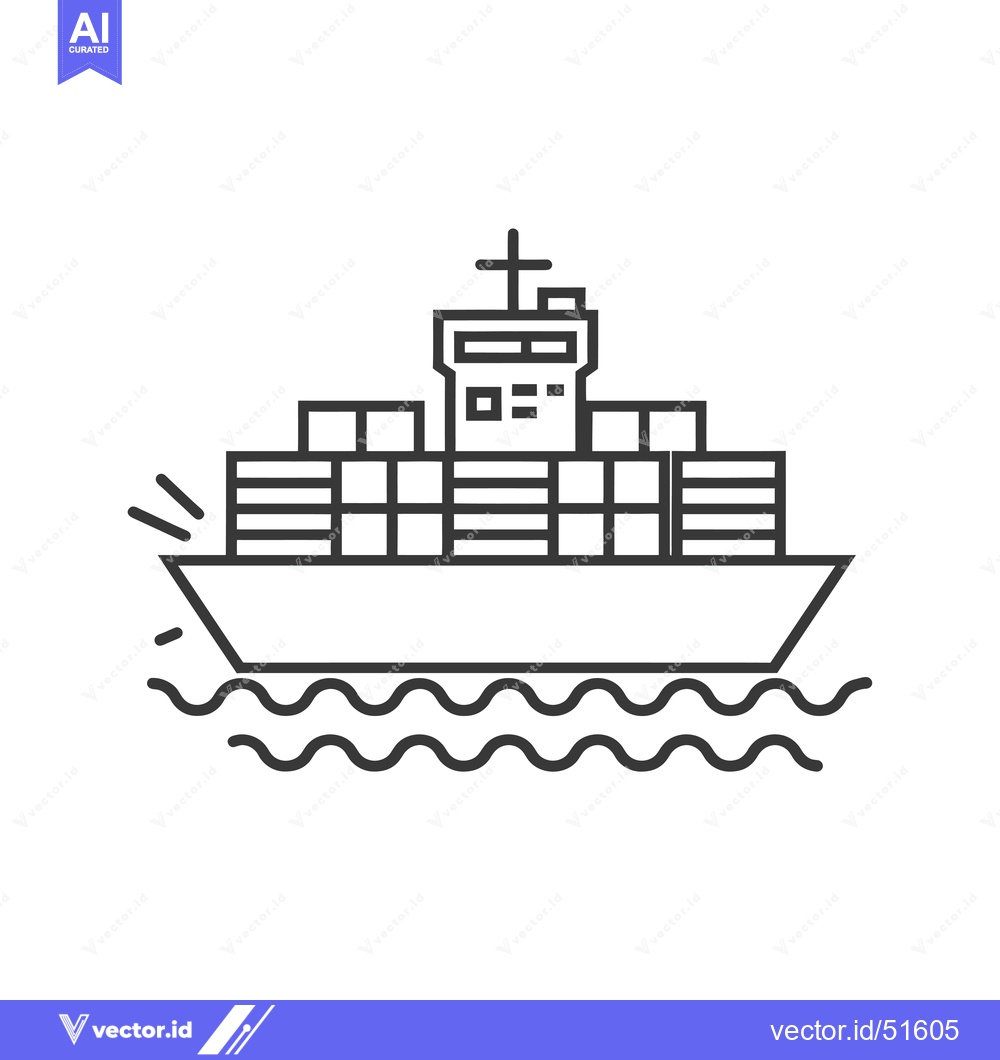 Premium Vector of Line Art Illustration of a Cargo Ship at Sea