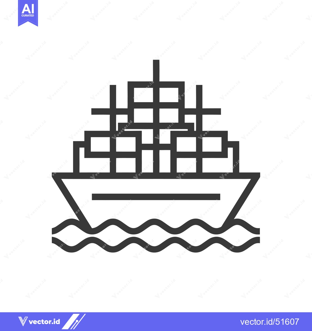 Premium Vector of Line Art Illustration of a Cargo Ship with Containers Sailing on Water