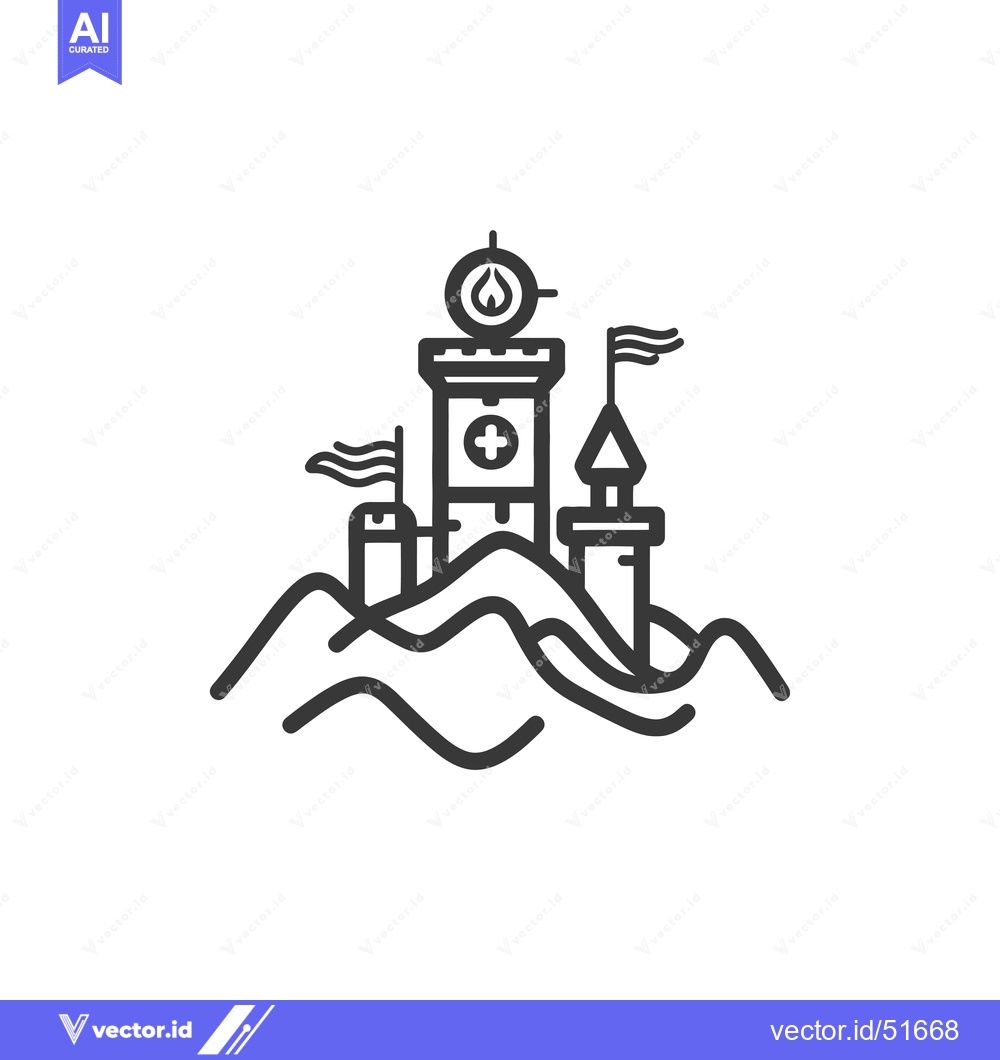 Premium Vector dari Line art illustration of a castle with flags and a flame on a hilltop