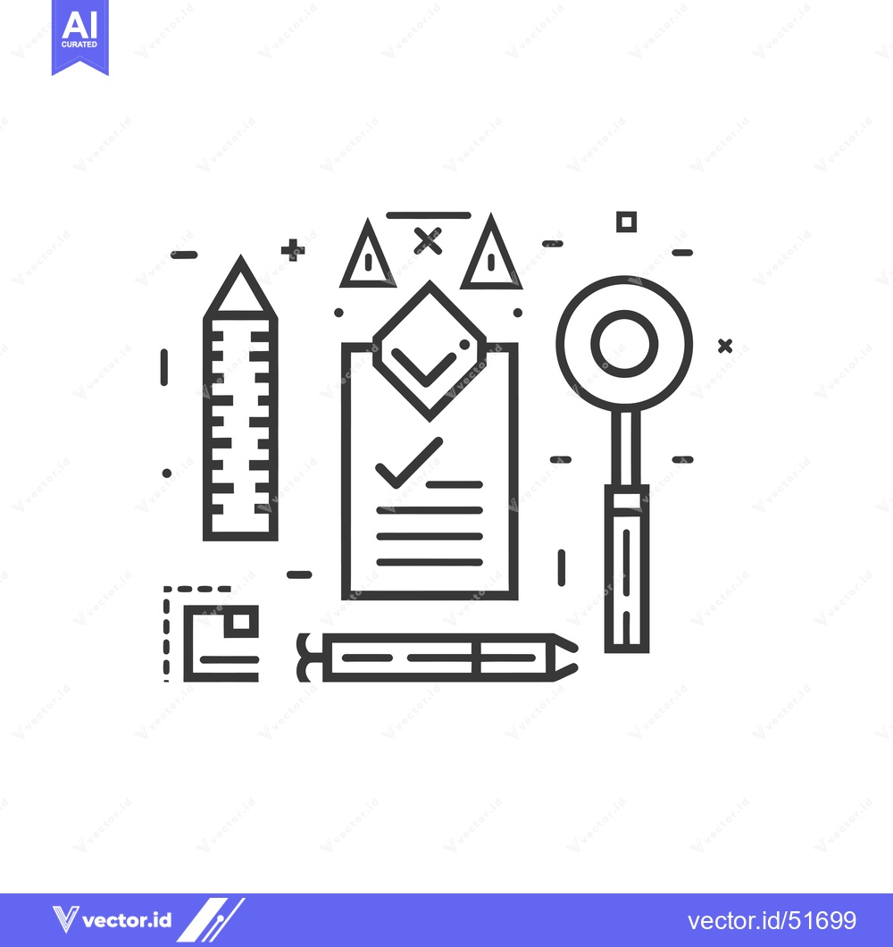 Premium Vector dari Line art illustration of a checklist with pencil, ruler, and magnifyin
